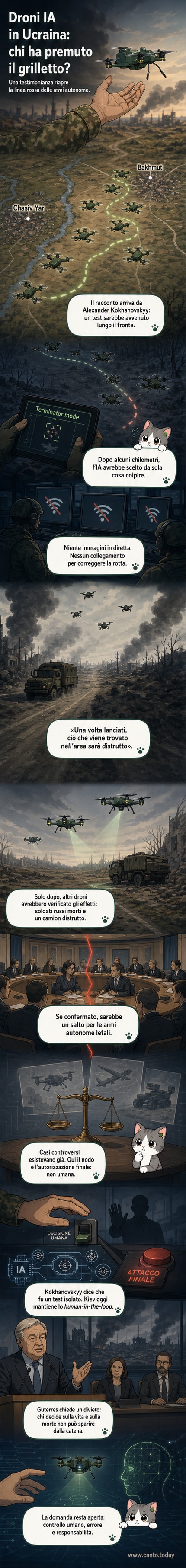 Un drone militare vola in un cielo notturno sopra una zona di guerra, con un reticolo di mira digitale che si sovrappone a una figura umana in lontananza.