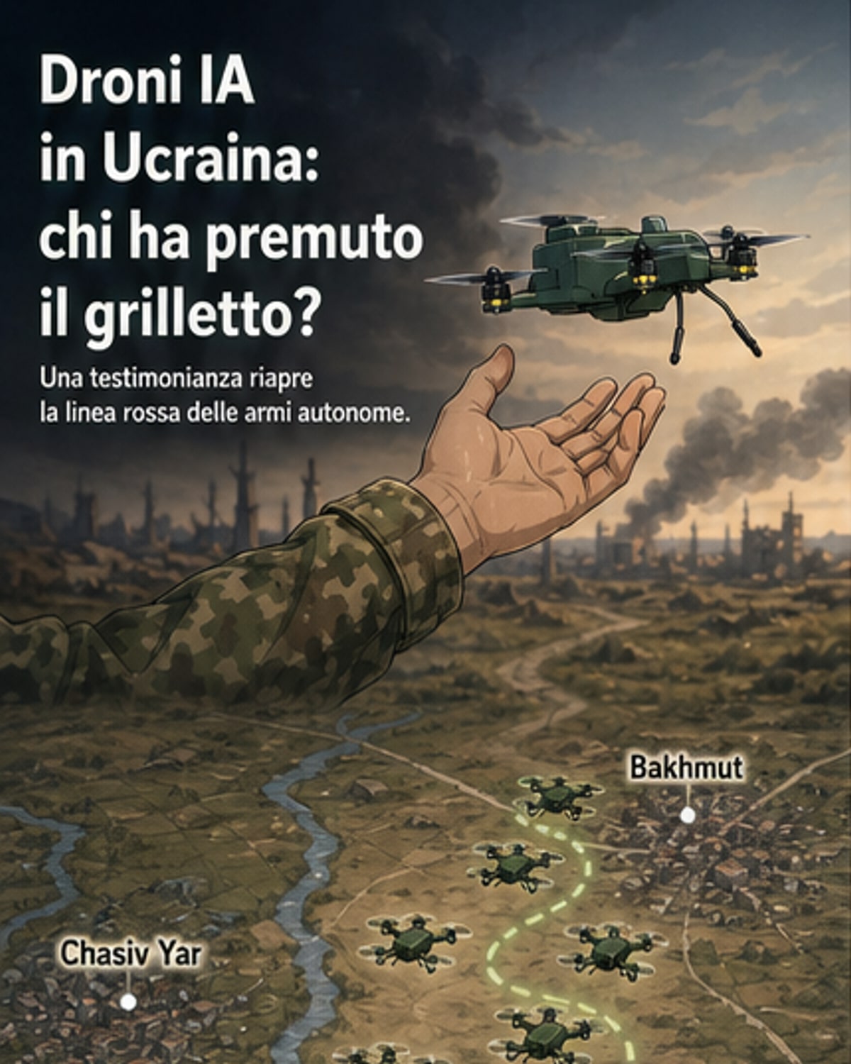 Un drone militare vola in un cielo notturno sopra una zona di guerra, con un reticolo di mira digitale che si sovrappone a una figura umana in lontananza.