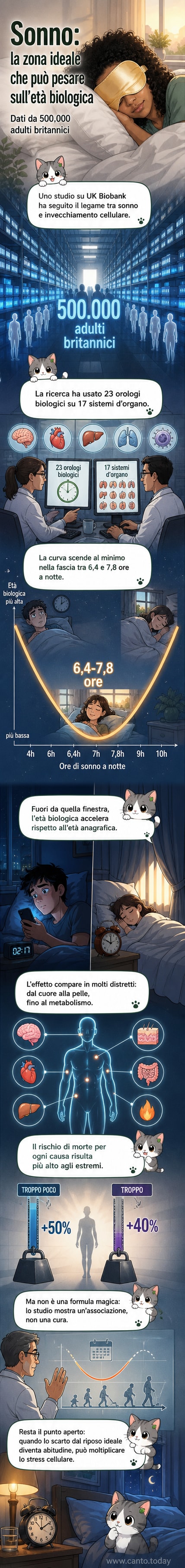 Un grafico a forma di U mostra il punto ottimale di sonno tra 6,4 e 7,8 ore, con l'invecchiamento cellulare che accelera fuori da questa fascia.