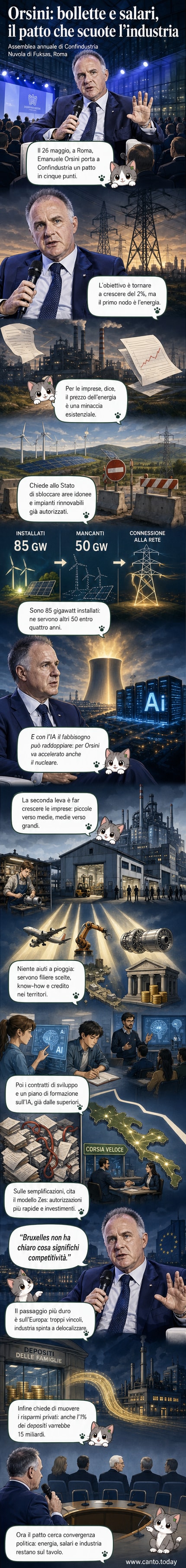 Illustrazione di un imprenditore che presenta un piano su un tablet con cinque icone: energia, azienda, innovazione, semplificazione e risorse, mentre sullo sfondo si vedono pannelli solari, una fabbrica e un parlamento.