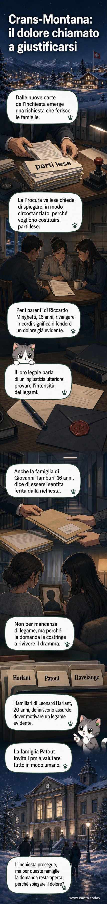 Illustrazione di un gruppo di famiglie in lutto davanti a un edificio, con espressioni di dolore mentre leggono documenti legali, sotto un cielo grigio di montagna.