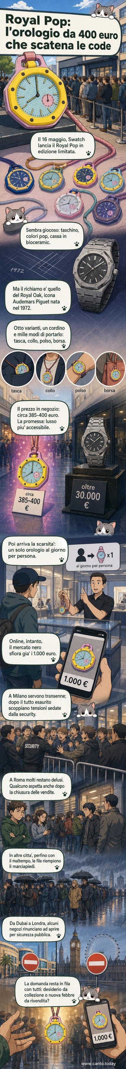 Un orologio da taschino colorato Swatch Royal Pop appoggiato su una superficie bianca, con sfondo sfocato di una folla in coda davanti a un negozio.