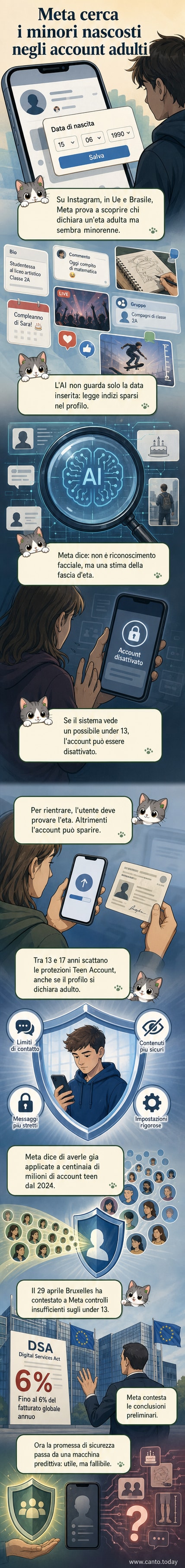 Illustrazione di un profilo social con icone di intelligenza artificiale che analizzano dati, foto e testi per stimare l'età dell'utente