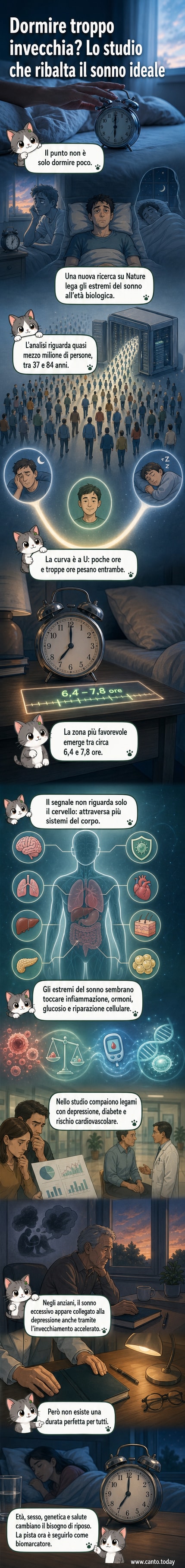 Illustrazione di un cervello e un orologio biologico con frecce che mostrano l'effetto del sonno insufficiente o eccessivo sull'invecchiamento cellulare.