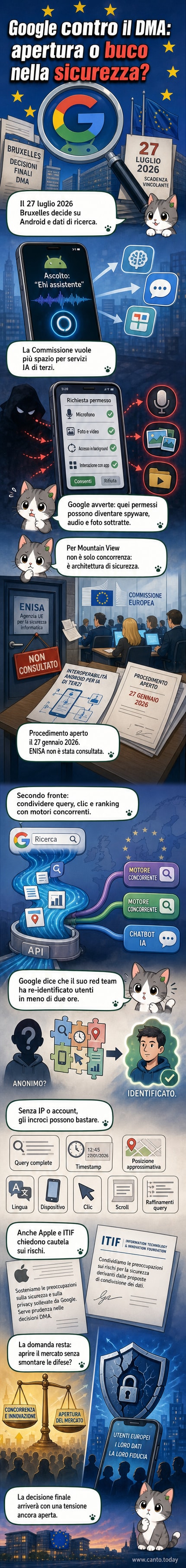 Illustrazione di un telefono Android con lucchetto spezzato e frecce che indicano dati che fuoriescono verso motori di ricerca e servizi AI esterni, simbolo delle preoccupazioni di Google sul DMA.