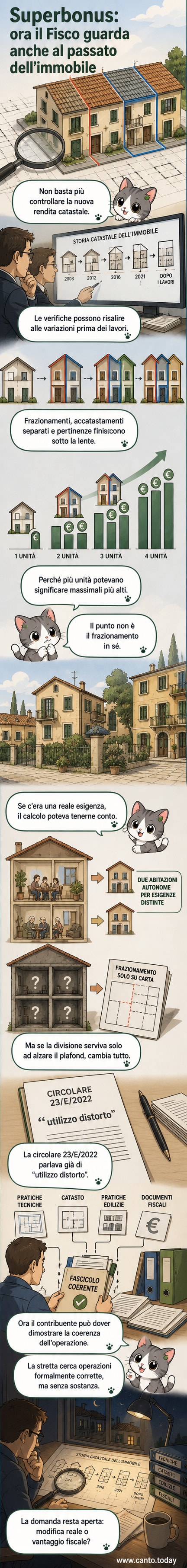 Un edificio residenziale sotto esame con dettagli catastali e documenti legali che emergono da un fascicolo, simbolo dei nuovi controlli sull’uso del Superbonus in Italia.