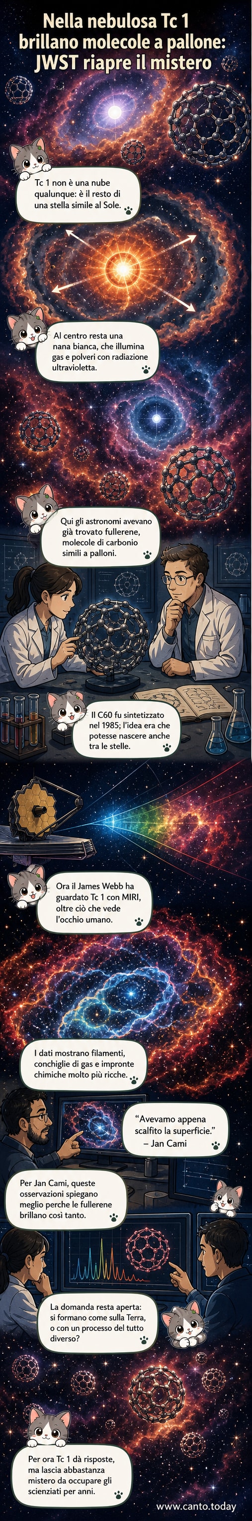 Immagine della nebulosa Tc 1 ripresa da JWST con filamenti di gas colorati e luce infrarossa, con evidenziate le emissioni delle molecole di fullerene