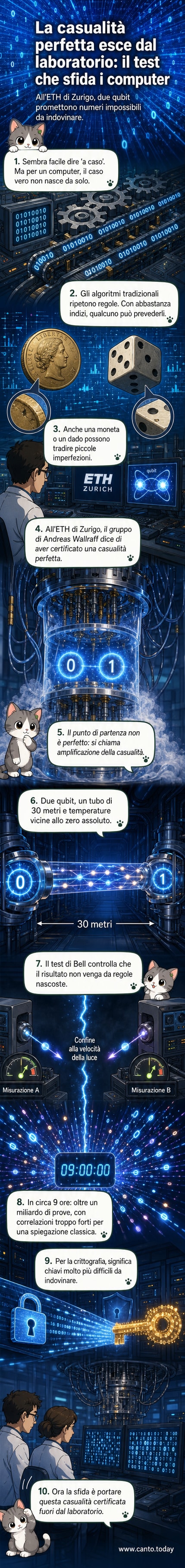 Due qubit collegati da un tubo quantistico, con flussi di fotoni che creano entanglement, simbolo di un sistema che genera casualità perfetta.