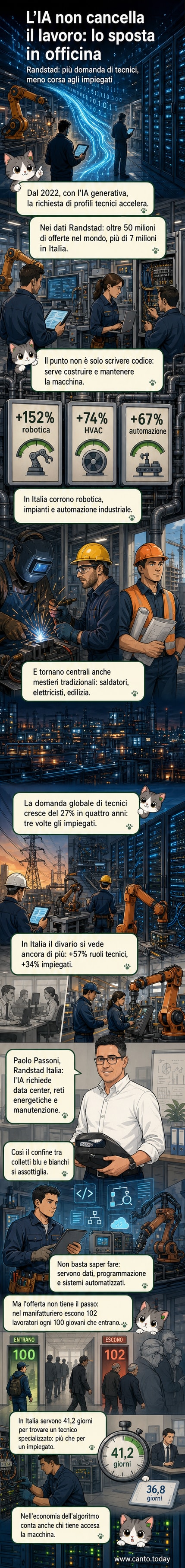 Illustrazione di un tecnico con tuta da lavoro che interagisce con un sistema digitale e un robot, mentre sullo sfondo si vedono un data center e una fabbrica automatizzata.