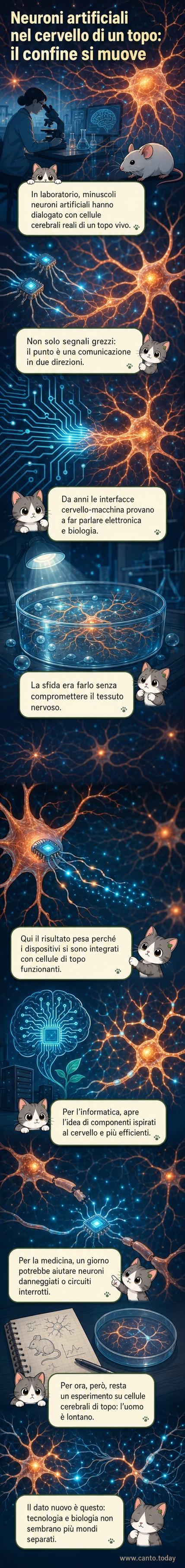 Illustrazione di un chip elettronico che emette segnali verso una rappresentazione stilizzata di un cervello di topo, con connessioni luminose che indicano comunicazione bidirezionale.