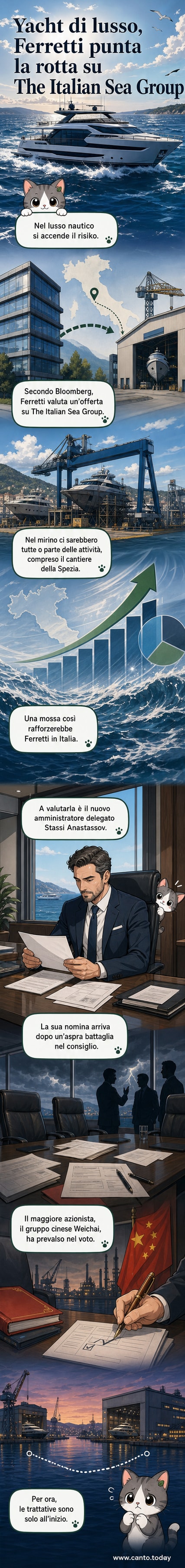 Illustrazione stilizzata di due grandi yacht da diporto affiancati in un porto, con i loghi di Ferretti e The Italian Sea Group visibili sulle fiancate, mentre un documento con la scritta 'Acquisizione in corso' fluttua tra di loro.