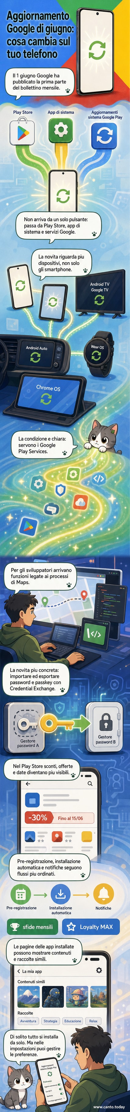 Illustrazione di un telefono Android che riceve un aggiornamento automatico, con icone di sicurezza, Play Store e password che si sincronizzano.
