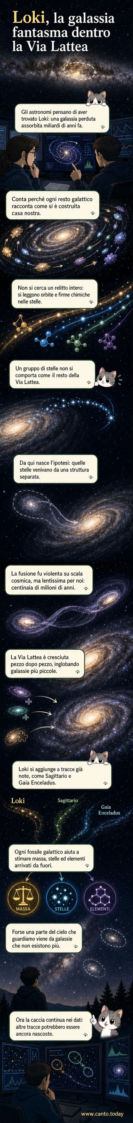 Illustrazione di una galassia a spirale che assorbe una galassia più piccola, con stelle che si distaccano in una corrente luminosa, simbolo del processo di cannibalismo galattico.