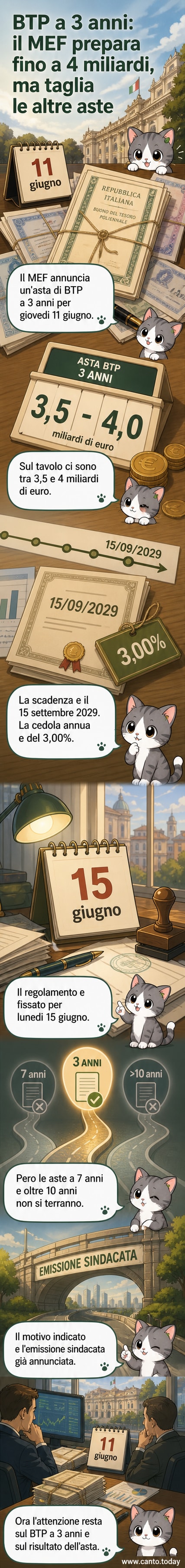 Grafico schematico di un'asta di titoli di Stato con bandiere italiane, frecce di flusso e cifre in euro