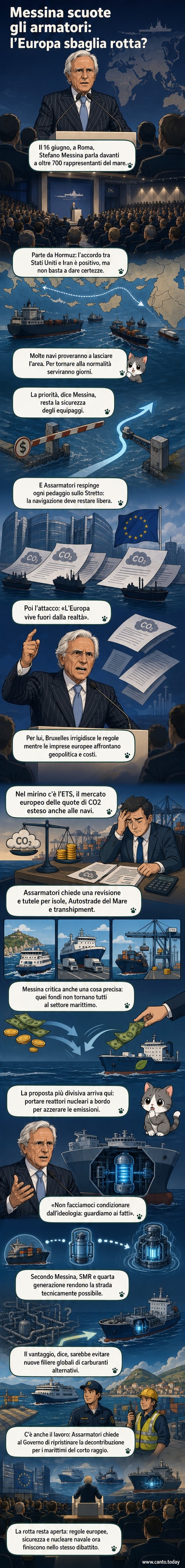 Illustrazione di una nave cargo con un simbolo di energia nucleare sul ponte, circondata da onde e linee di rotta marittima