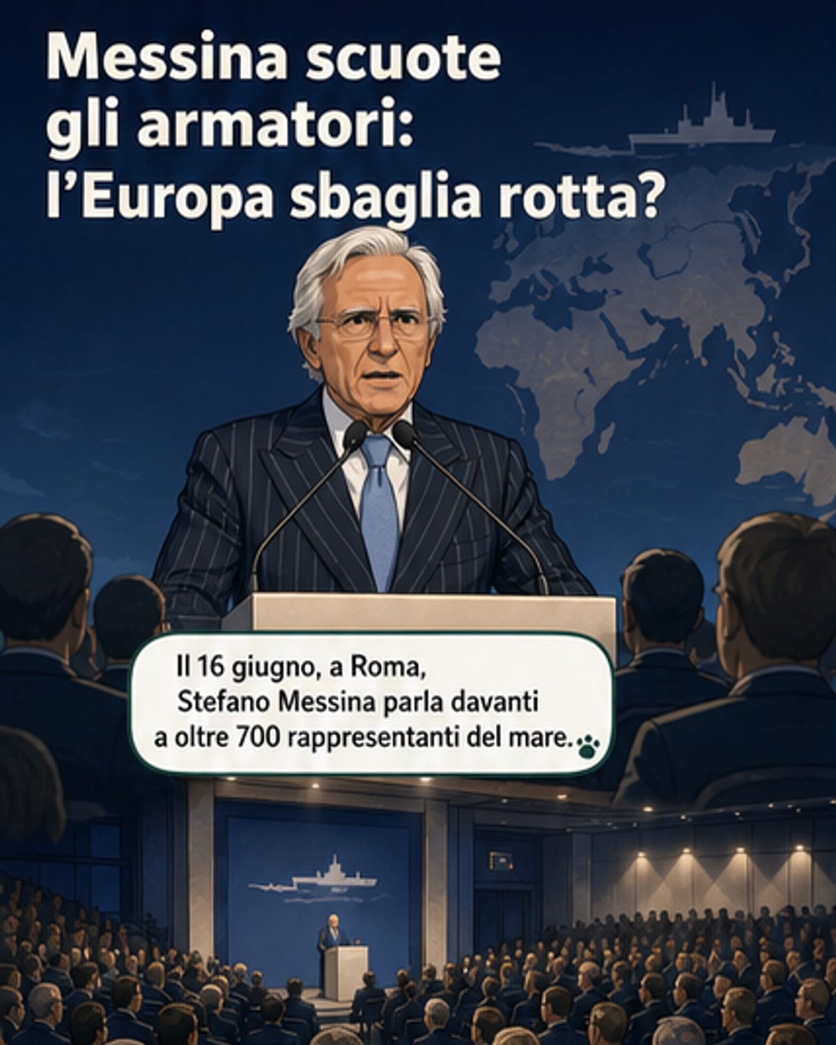 Illustrazione di una nave cargo con un simbolo di energia nucleare sul ponte, circondata da onde e linee di rotta marittima