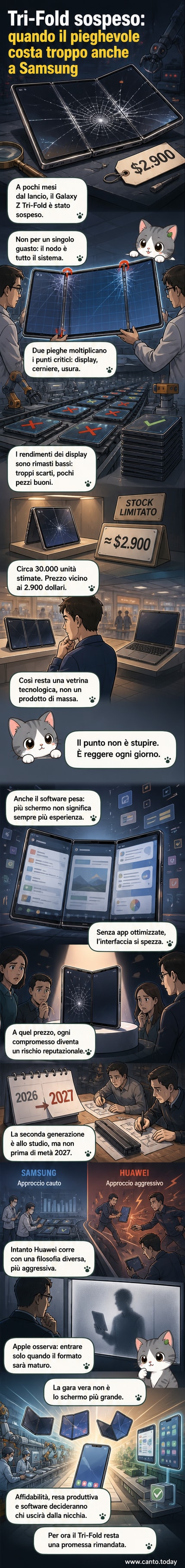Rappresentazione stilizzata del Samsung Galaxy Z Tri-Fold chiuso e aperto, con evidenza dei due punti di piegatura e dello schermo triplo.