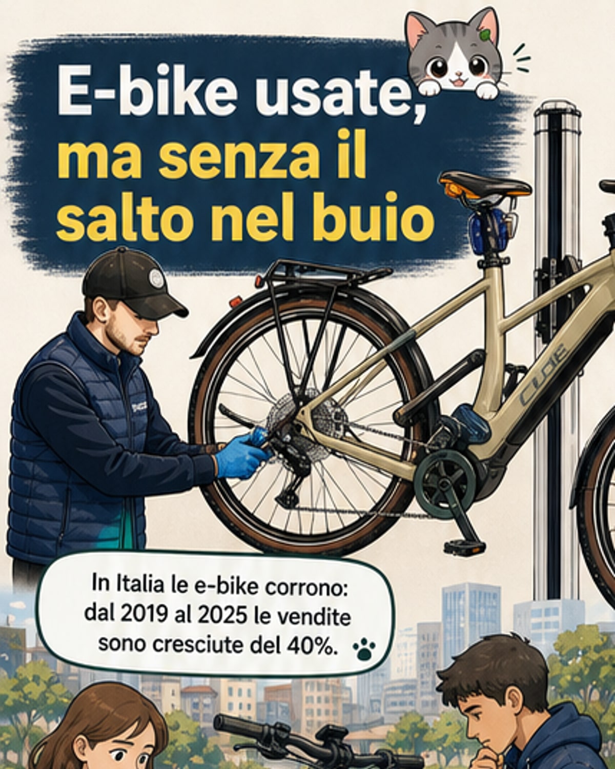 Illustrazione di una bicicletta elettrica ricondizionata con etichetta 'come nuova', mostrata in un negozio ciclabile con meccanico che la ispeziona