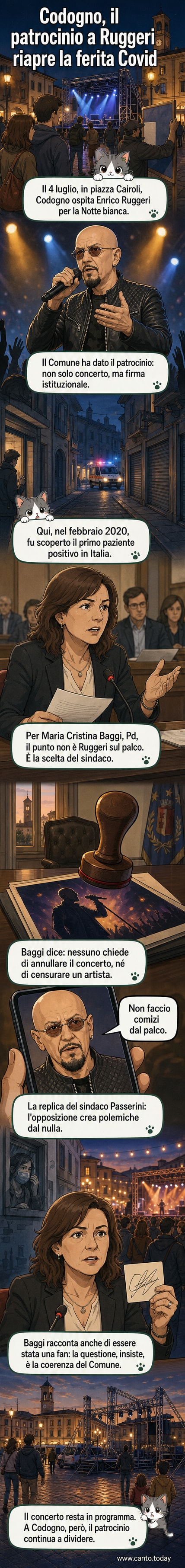 Illustrazione di un palco illuminato con un microfono e uno striscione con scritto 'Notte Bianca a Codogno', mentre sullo sfondo si intravede un simbolo del Green Pass cancellato con una X rossa.
