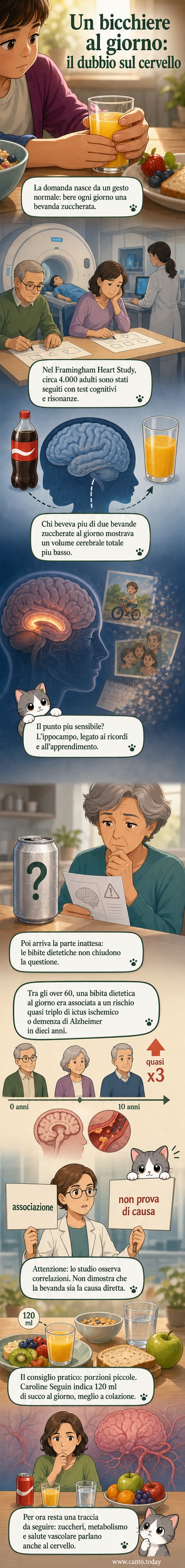 Illustrazione di un cervello con aree in ombra che indicano riduzione del volume, accanto a una bottiglia di bibita zuccherata e una dietetica