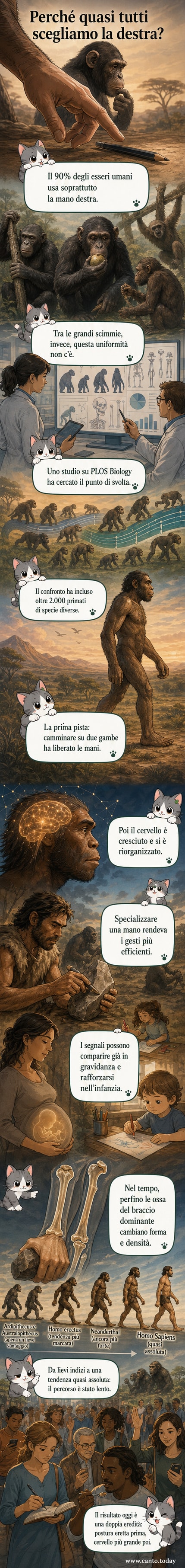 Illustrazione di un essere umano moderno che usa la mano destra per scrivere, con un cervello e uno scheletro in posizione eretta in sovraimpressione per rappresentare l'evoluzione della destrimania.