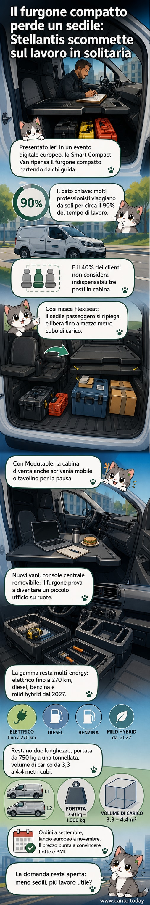 Illustrazione di un furgone compatto con il sedile passeggero ripiegato e trasformato in un tavolino, mostrando lo spazio aggiuntivo per il carico e il lavoro.