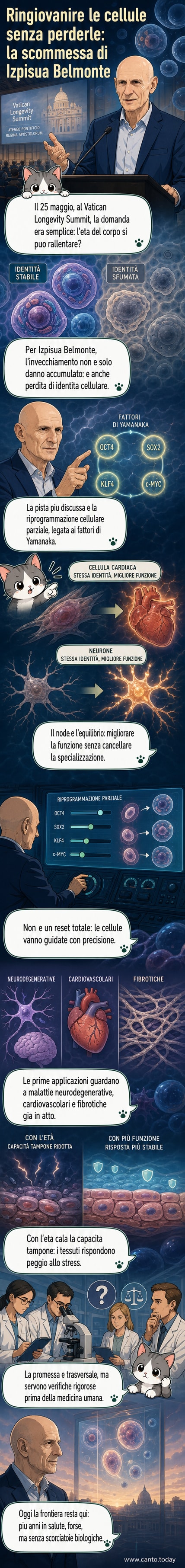 Illustrazione di cellule che tornano a uno stato più giovane attraverso la riprogrammazione parziale, con linee temporali che mostrano il processo di ringiovanimento controllato