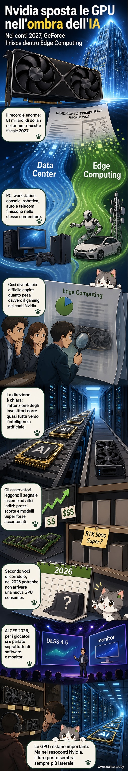 Illustrazione di una scheda grafica Nvidia che si trasforma in un chip per intelligenza artificiale, con il logo GeForce in secondo piano.