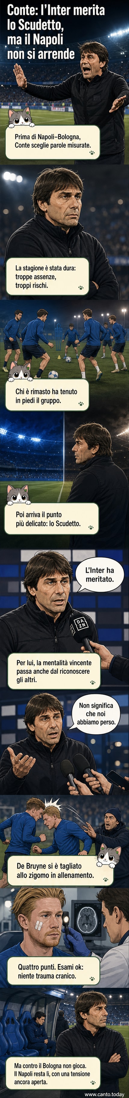 Antonio Conte in conferenza stampa, con lo stemma del Napoli sullo sfondo, parla con espressione seria dopo la dichiarazione sullo Scudetto.