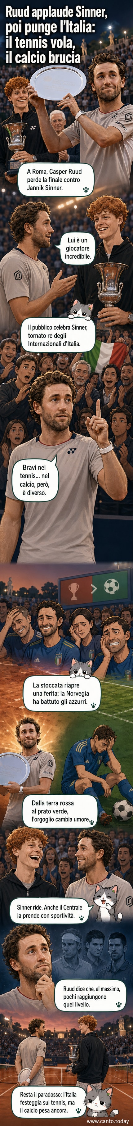 Illustrazione di Casper Ruud e Jannik Sinner in campo al Foro Italico, con il pubblico in festa e un pallone da calcio sgonfio in primo piano.