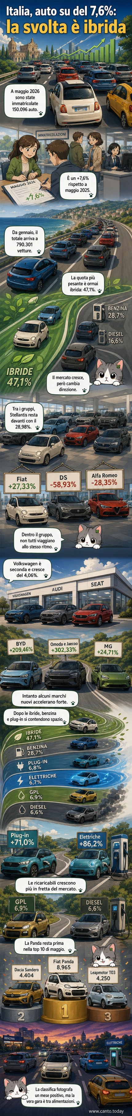 Classifica delle auto più vendute in Italia a maggio 2026: Fiat Panda in testa, seguita da Dacia Sandero e Leapmotor T03, con grafica a barre che mostra le vendite per modello e alimentazione.