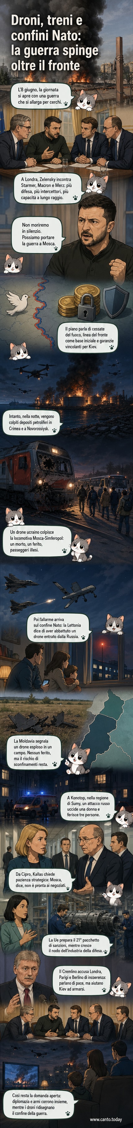 Un drone militare in fiamme cade su un campo vicino al confine lettone, con caccia Nato in volo sopra. In sovrimpressione, la mappa dell'Europa orientale con i punti caldi del conflitto.