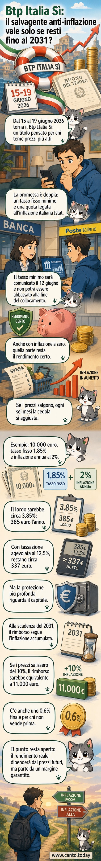 Illustrazione di un grafico con freccia in salita e monete che si trasformano in titoli obbligazionari, simbolo di protezione del risparmio contro l'inflazione.