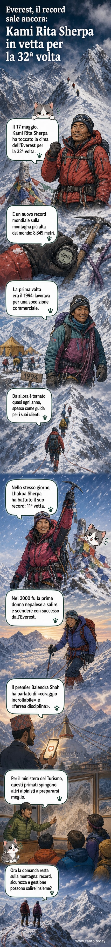 Kami Rita Sherpa in primo piano con la vetta dell'Everest sullo sfondo, indossa una giacca tecnica e guarda verso l'alto con espressione determinata.