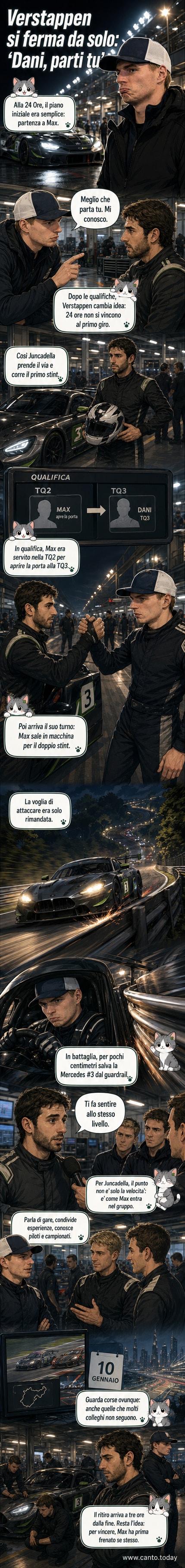 Illustrazione di Max Verstappen che parla con Dani Juncadella ai box prima della 24 Ore del Nürburgring, con la Mercedes-AMG GT3 in background.