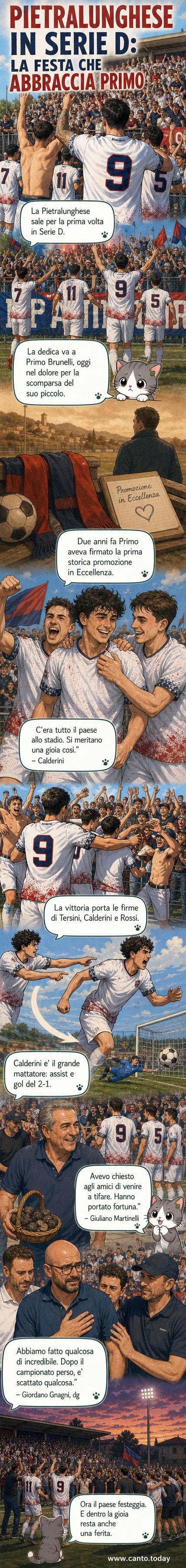 Squadra di calcio in festa su un campo verde, con giocatori che alzano le braccia al cielo mentre la folla sugli spalti applaude; in primo piano, una maglia con dedica a Primo Brunelli.