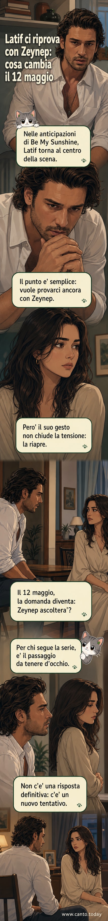 Illustrazione stilizzata di Latif e Zeynep in un momento di tensione emotiva, con un cielo crepuscolare sullo sfondo, simbolo del loro rapporto in bilico.
