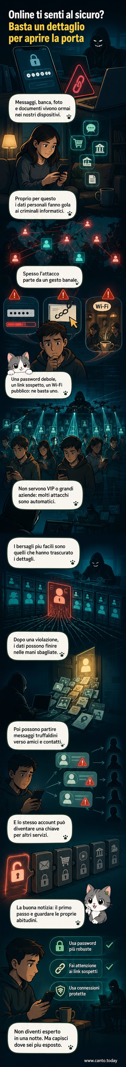 Illustrazione di un uomo che digita su un laptop con un'ombra minacciosa che si avvicina da dietro, simboli di allarme e lucchetti rotti appaiono sullo schermo.