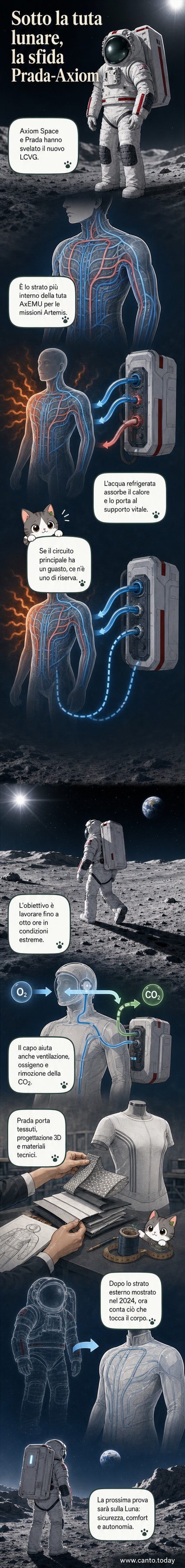 Rappresentazione del Liquid Cooling and Ventilation Garment (LCVG), un indumento tecnico a contatto con il corpo dell'astronauta, sviluppato da Axiom Space e Prada per le missioni lunari Artemis.