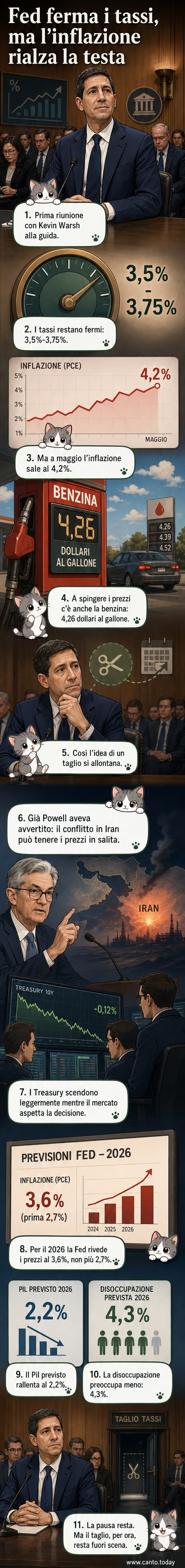 Illustrazione di una bilancia con banconote e pompa di benzina, simbolo della decisione della Fed sui tassi e della pressione inflazionistica legata ai carburanti.