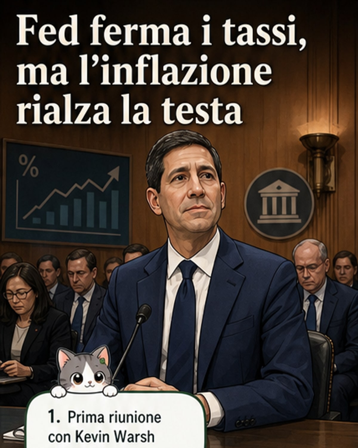 Illustrazione di una bilancia con banconote e pompa di benzina, simbolo della decisione della Fed sui tassi e della pressione inflazionistica legata ai carburanti.