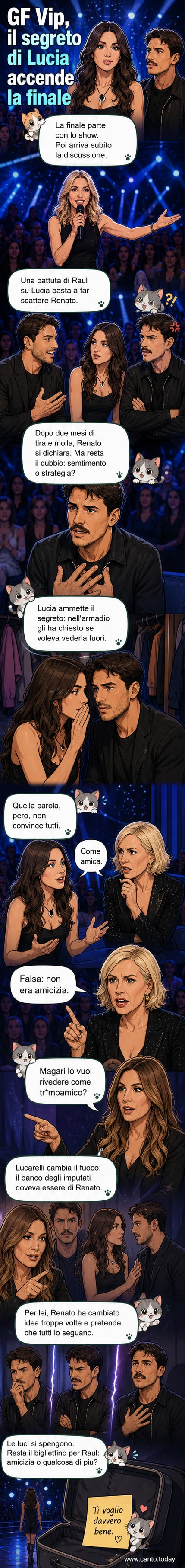 Illustrazione stilizzata della scena finale del Grande Fratello Vip, con Lucia Ilardo che sussurra a Raul Dumitras mentre Renato Biancardi osserva con espressione perplessa e Selvaggia Lucarelli commenta con ironia.