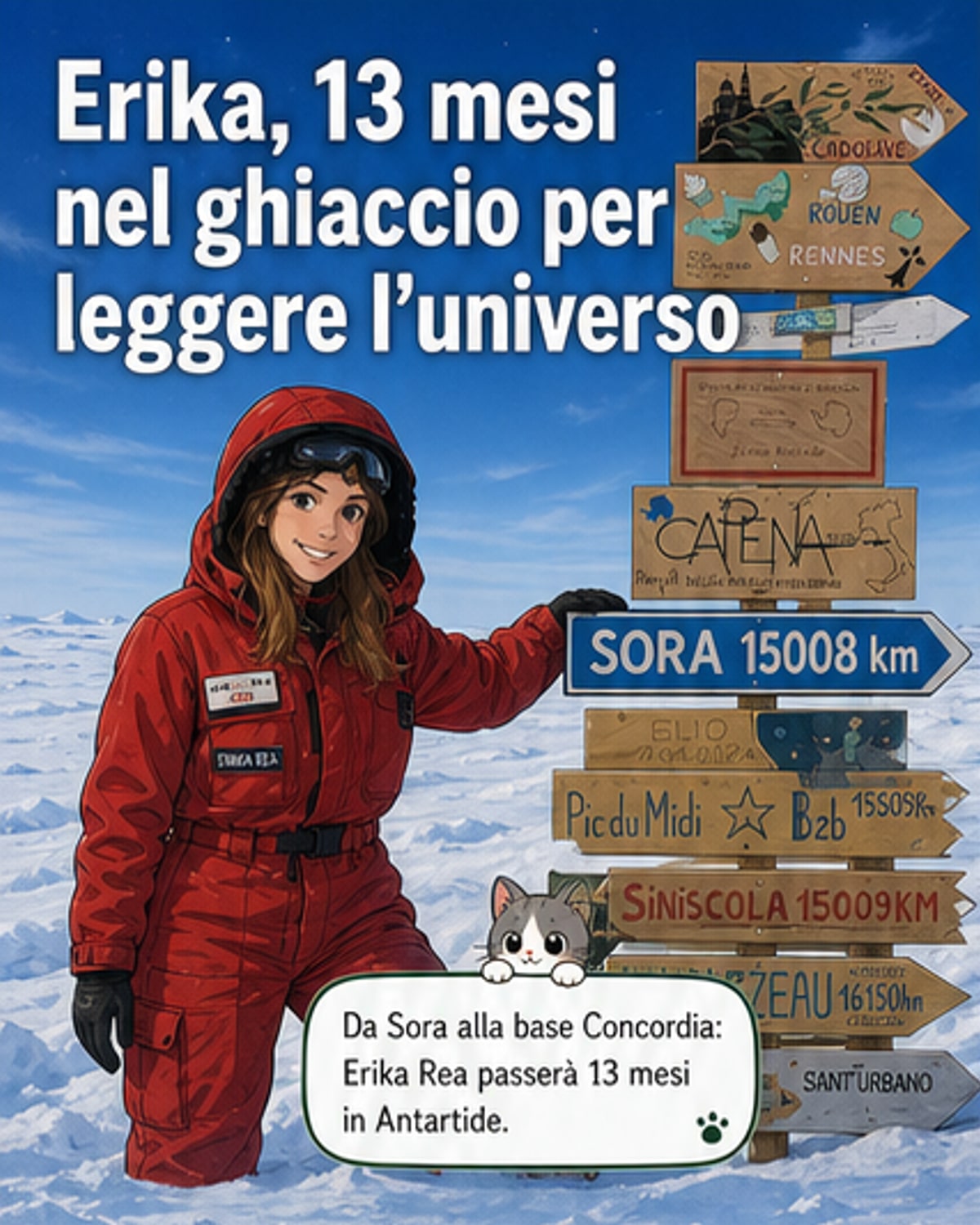 Illustrazione di una giovane scienziata in un laboratorio antartico con telescopi all'esterno, sotto un cielo stellato con la Via Lattea visibile e le aurore polari in lontananza.