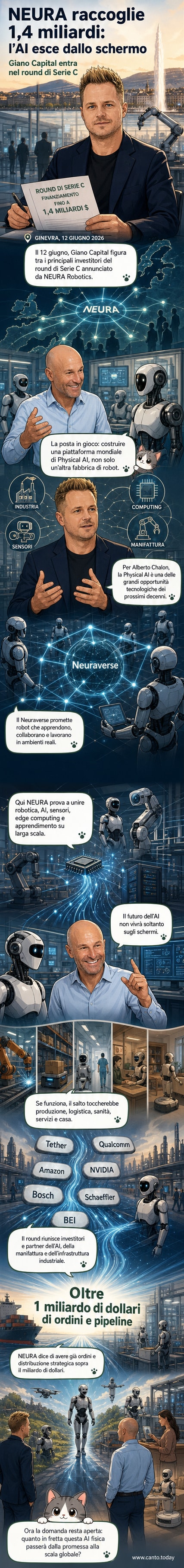 Illustrazione di un robot umanoide con circuiti neurali luminosi che interagisce con un ambiente industriale, con icone di aziende tech come Amazon, NVIDIA e Bosch in background.