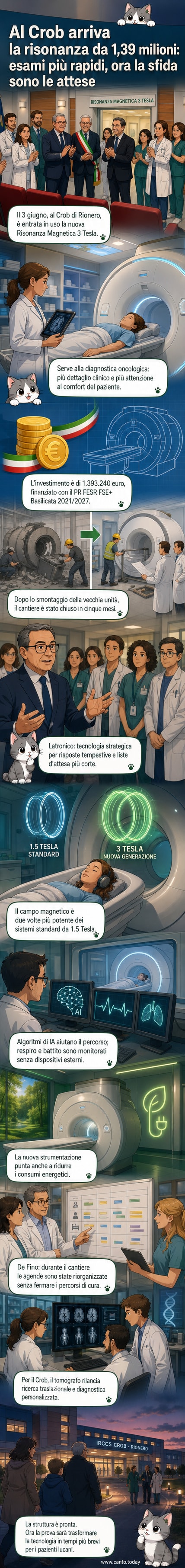 Illustrazione di una moderna sala medica con una nuova risonanza magnetica 3 Tesla appena inaugurata, circondata da tecnici e medici in camice, con schermi digitali che mostrano immagini diagnostiche avanzate.