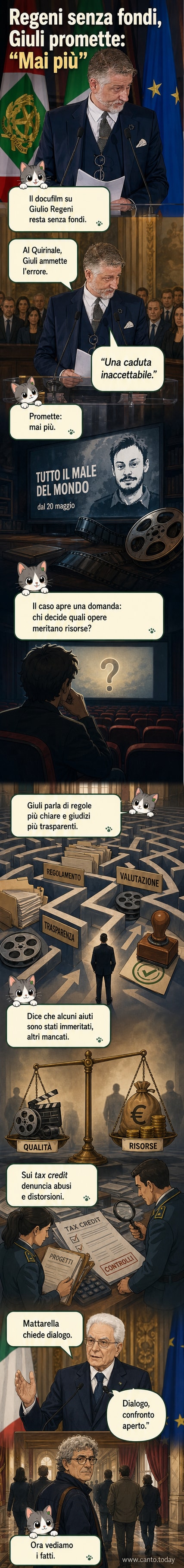 Illustrazione stilizzata del ministro della Cultura Alessandro Giuli che parla davanti a un palco con i David di Donatello, con un riquadro che mostra il titolo del docufilm 'Tutto il male del mondo' su Giulio Regeni.