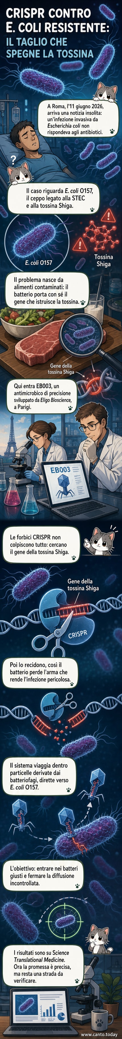 Illustrazione di una cellula batterica con il sistema CRISPR che disattiva un gene tossico all'interno di E. coli O157, mentre particelle virali la circondano.