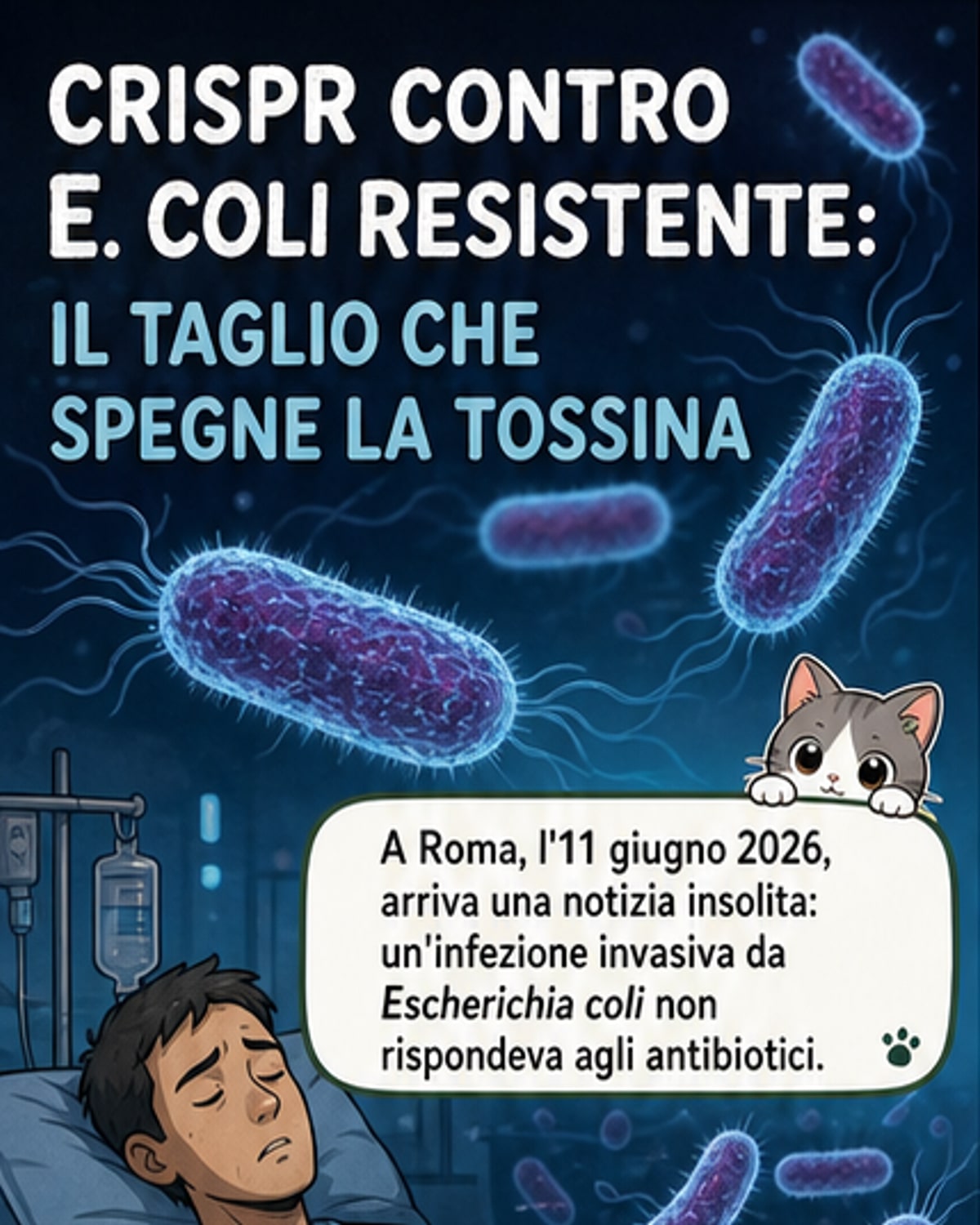 Illustrazione di una cellula batterica con il sistema CRISPR che disattiva un gene tossico all'interno di E. coli O157, mentre particelle virali la circondano.