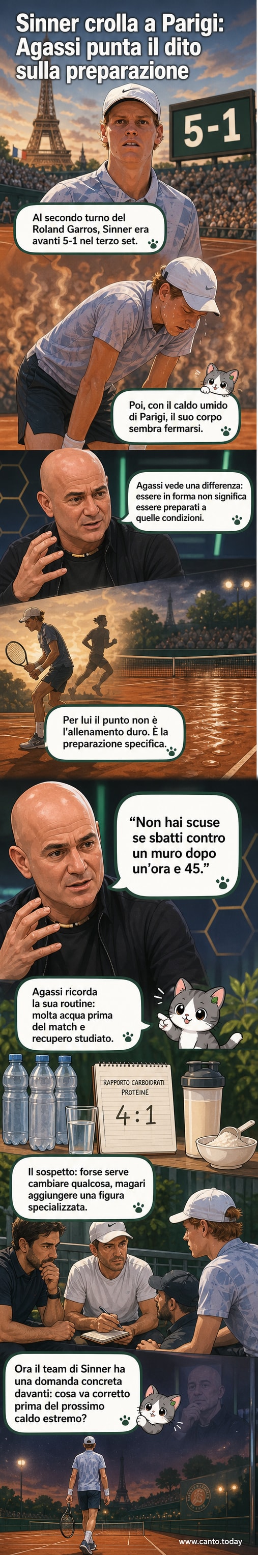 Illustrazione di Andre Agassi che parla con espressione preoccupata, mentre Jannik Sinner appare stanco su un campo da tennis con temperature elevate.