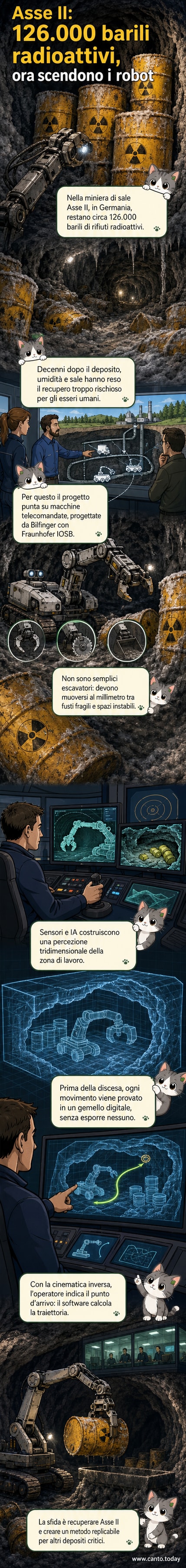 Un robot telecomandato recupera fusti di scorie nucleari all'interno di una miniera sotterranea, illuminato da fasci di luce in un ambiente umido e corrodente.